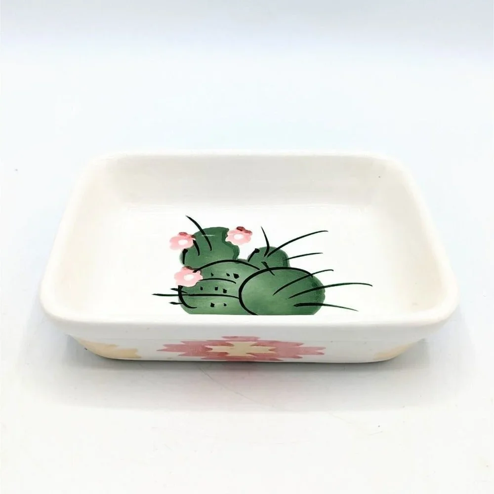 Vtg Hand Painted Ceramic CACTUS Soap Dish Southwestern 90s Aztec Sponge Holder